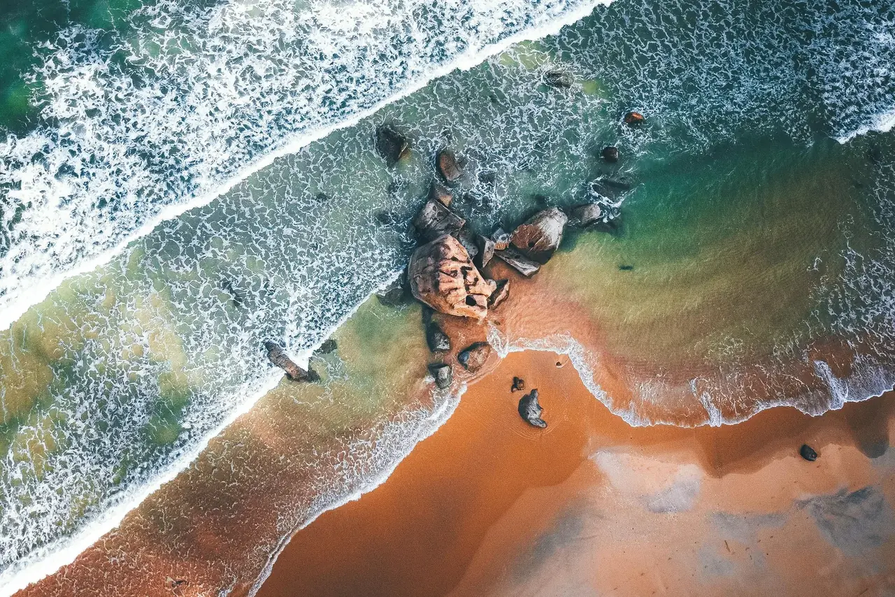 Aerial view of a curved Sri Lanka beach with turquoise water, white sand and coconut palms